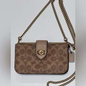 Coach Turnlock Crossbody Bag in Signature Canvas with Tan and Taupe